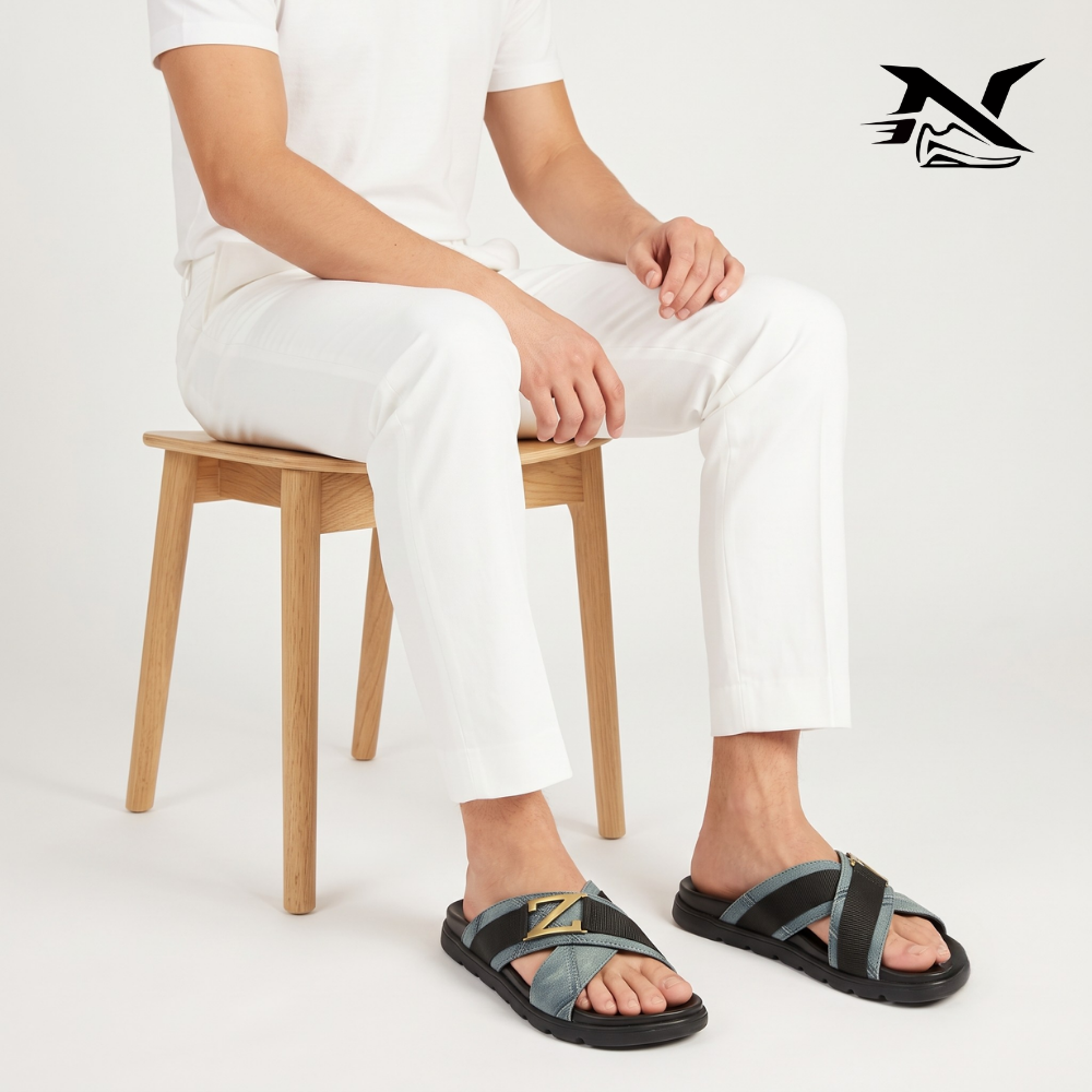 Logo Buckle Cross Strap Slide